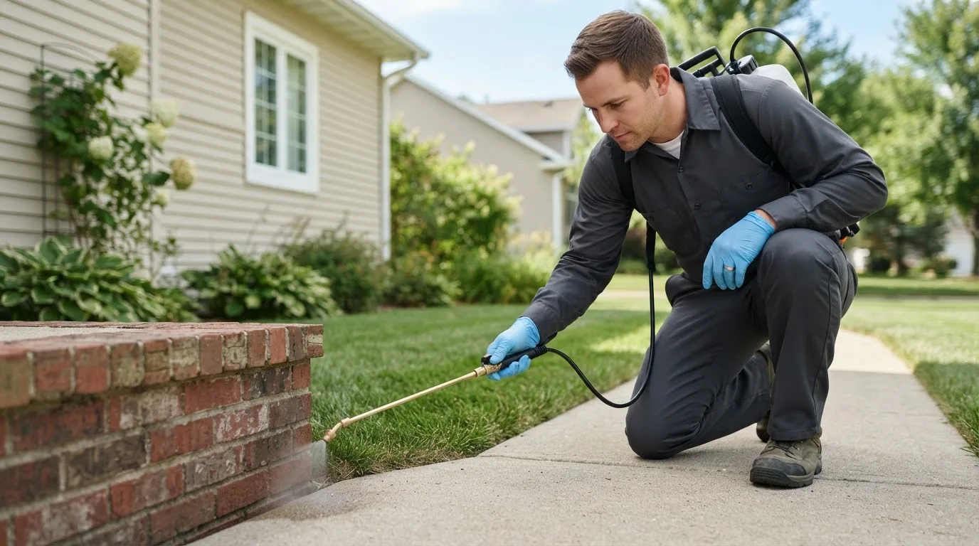 Pest control technician treating a home near Forreston, IL
